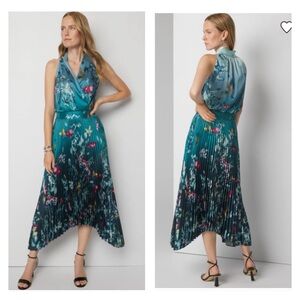 WGBM Sleeveless Shawl Neck Pleated Midi Dress SZ 0 in Wild Bouquet Dark Sea